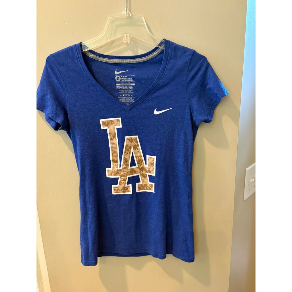 Nike Los‎ Angeles Dodgers Camo LA Logo V-Neck Slim Fit T-Shirt Blue Womens Small